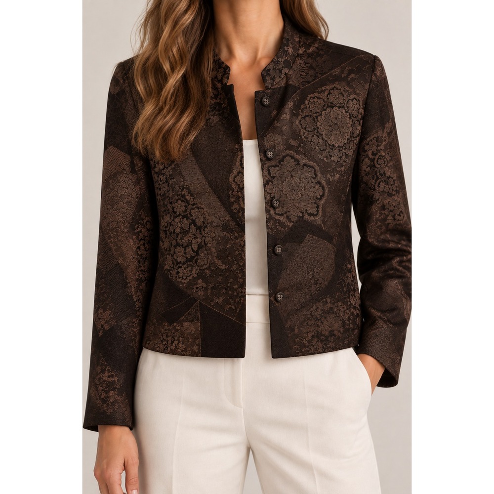 Citron Santa Monica Silk Jacket XS Brown Embroidered Mandarin Collar Textured